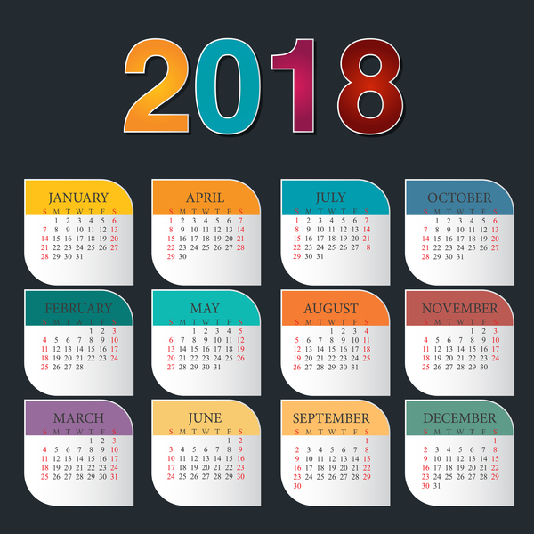 Bunter Kalender 2018 Schablonenvektor entwerfen 02  