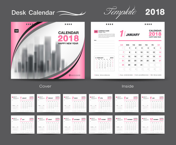 Desk Calendar 2018 template design with pink cover vector 10  