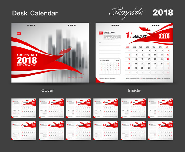 Desk Calendar 2018 template with red cover vector 11  