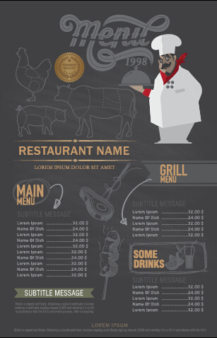 Funny chef with restaurant menu vector 02  