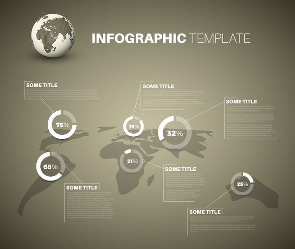 インフォ グラフィック世界地図円グラフ ブラウン ベクトル 02  