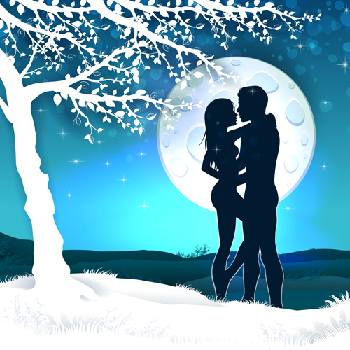 Lovers silhouette with moon and tree vector 04  