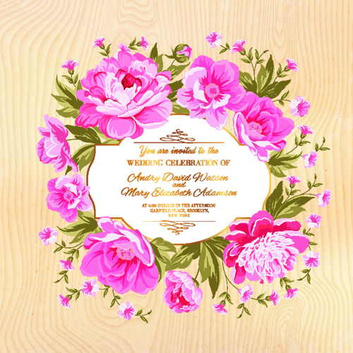 Pink flower frame wedding invitation cards 01  