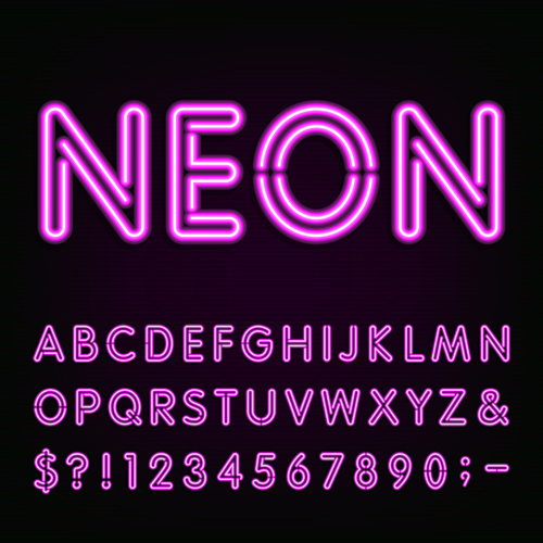 Purple neon alphabet with number and sign vector  