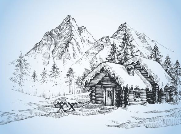 Снежные горы зимний пейзаж рисованной вектор 03  
