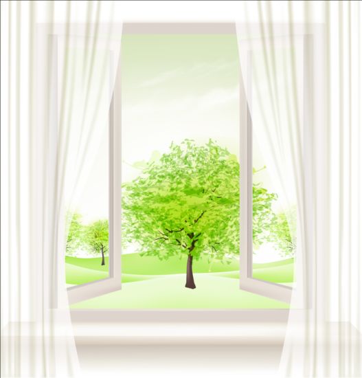 Sommerfenster und grüne Bäume Vektorhintergrund  
