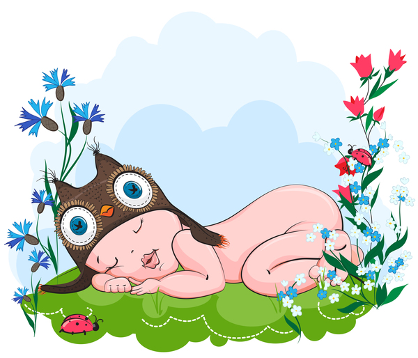 Baby schläft in einem Hut Eulen auf Rasen Vektor  