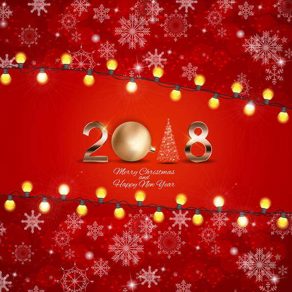 2018 nouvel an et fond rouge de Noël avec le vecteur d'ampoule flocon de neige  