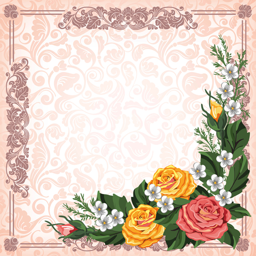 Beautiful flower with retro frame vector material 08  