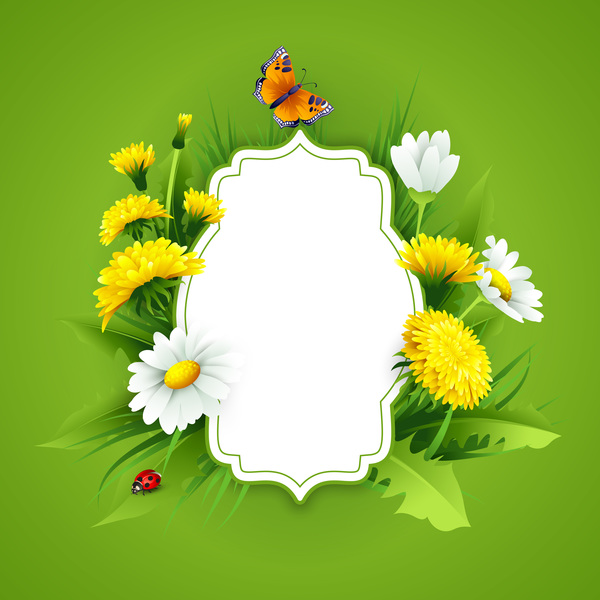 Blank label with spring flower and green background vector 02  