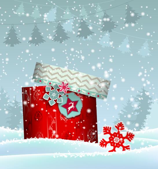 Chrishtmas gift box with winter snow background vector 06  