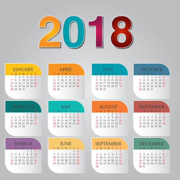 カラフルなカレンダー2018テンプレートベクターデザイン01  
