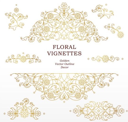 Floral golden outline decor vector 01  