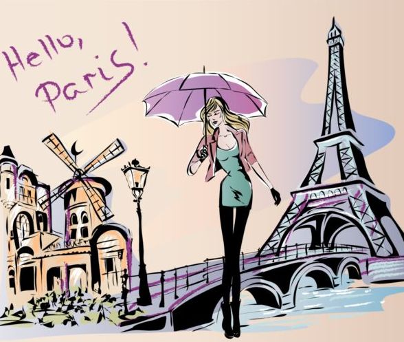 パリ旅行の背景ベクトル 04 手描き gril  