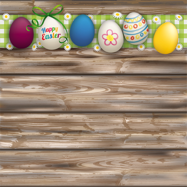 Oeufs de Pâques heureux avec le vecteur de fond en bois  