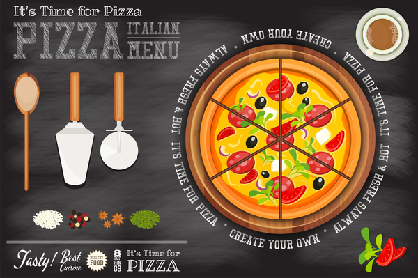 黒板とイタリアのピザのメニュー テンプレート ベクトル 01  