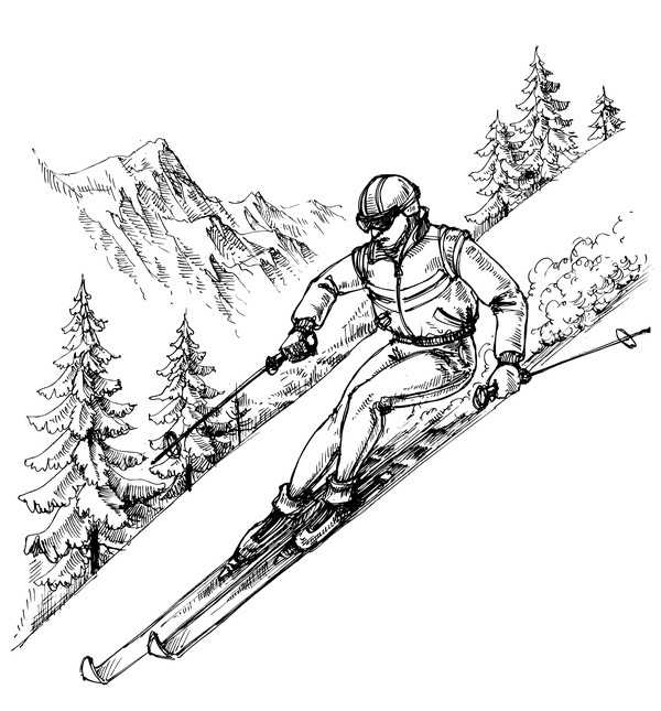 スキー スケッチ ベクトル 02 と山の風景  