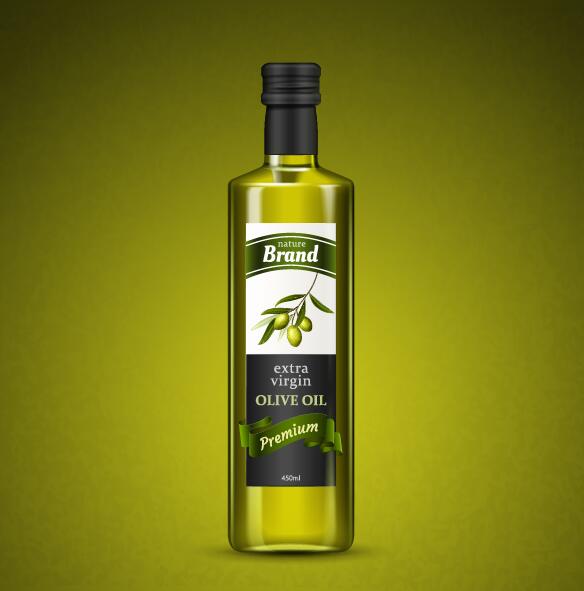 Olive oil bottle with green background vector  