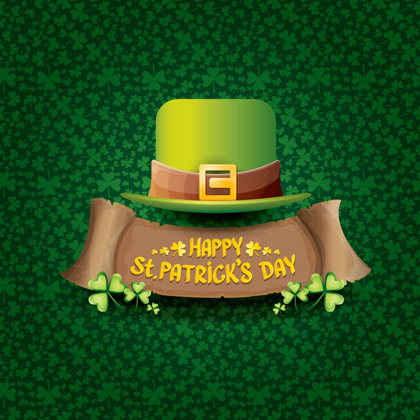 聖パトリックの日レトロなバナーの帽子と、緑の葉パターン ベクトル 13  