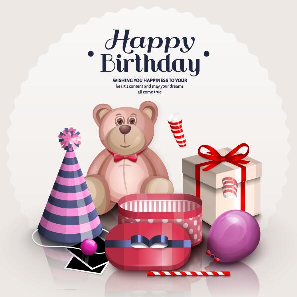 Toy Bear with birthday gift card vector  