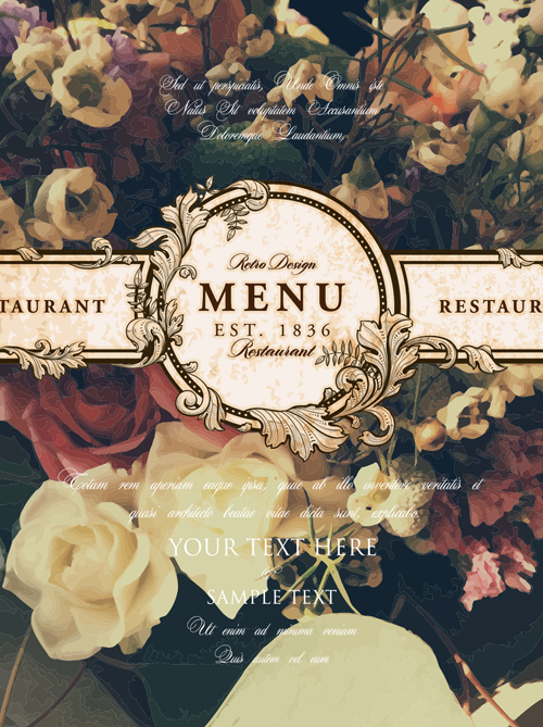 Vintage restaurant menu cover with flower blurs background vector 07  