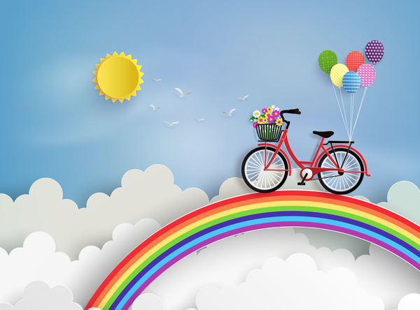 Fahrrad-und Regenbogen mit Wolkenvektor  