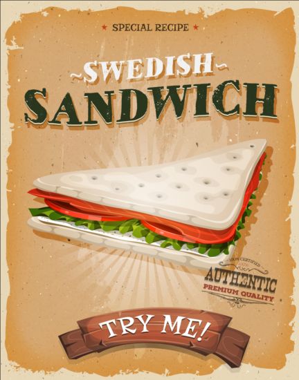 스웨덴어, 샌드위치, 포스터, 빈티지 벡터  