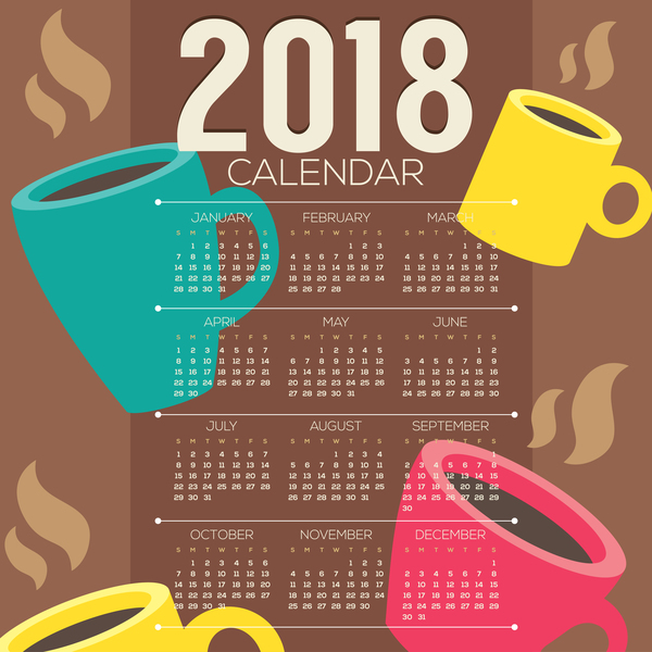 Modèle de calendrier 2018 avec le vecteur de café 01  