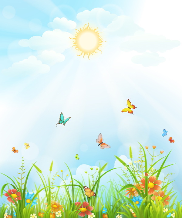 Beautiful flower with butterflies and spring background vector 02  
