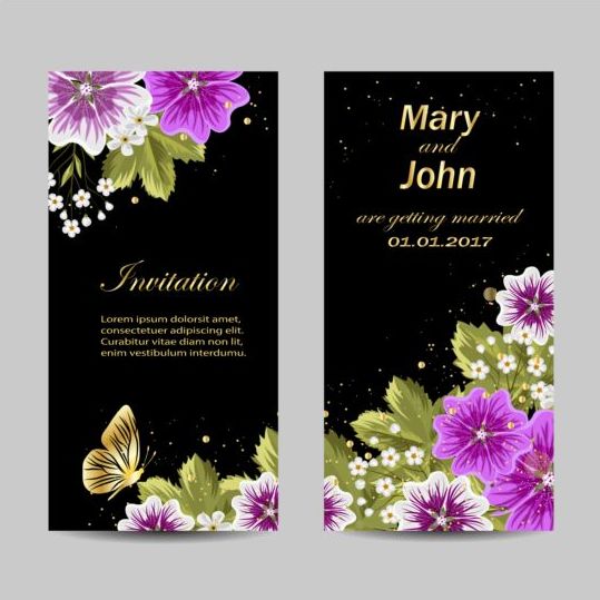 Belle fleur avec carte d’invitation de mariage vecteur 03  