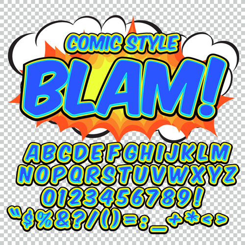 Comic styles alphabet with numbers and symbol vector set 01  