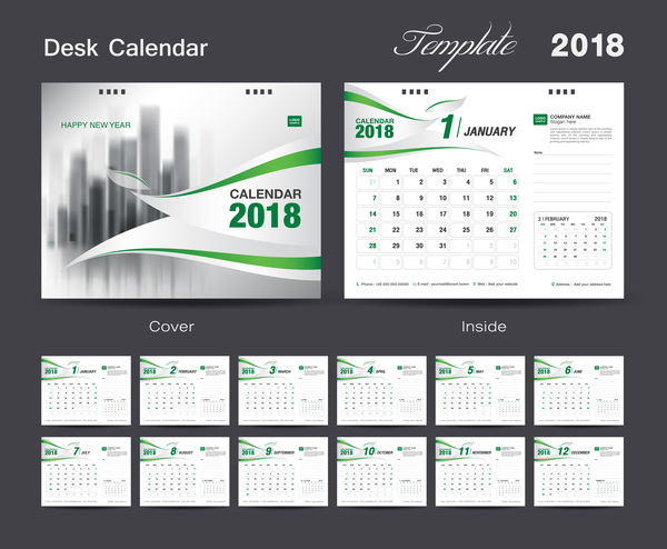Grünes Schablonenvektormaterial des Tischkalenders 2018 02  