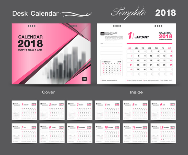 Desk Calendar 2018 template design with pink cover vector 09  