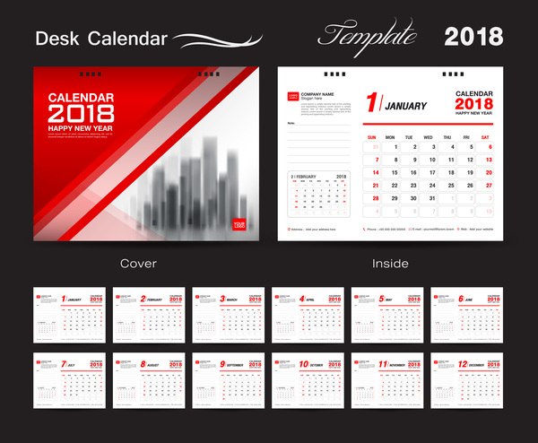 Modèle de bureau calendrier 2018 avec vecteur de couverture rouge 10  