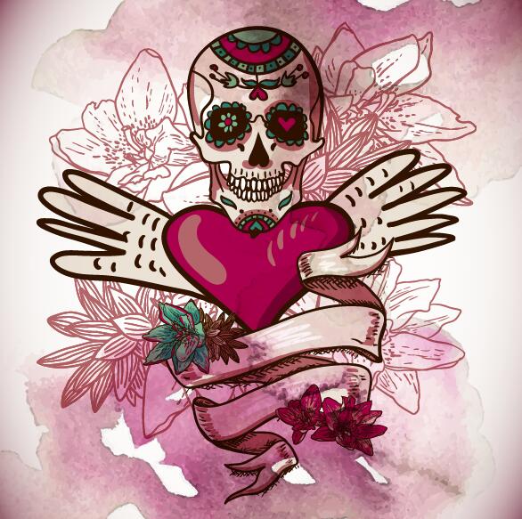 Blume-Totenkopf mit Herz Hintergrund Vektor 01  