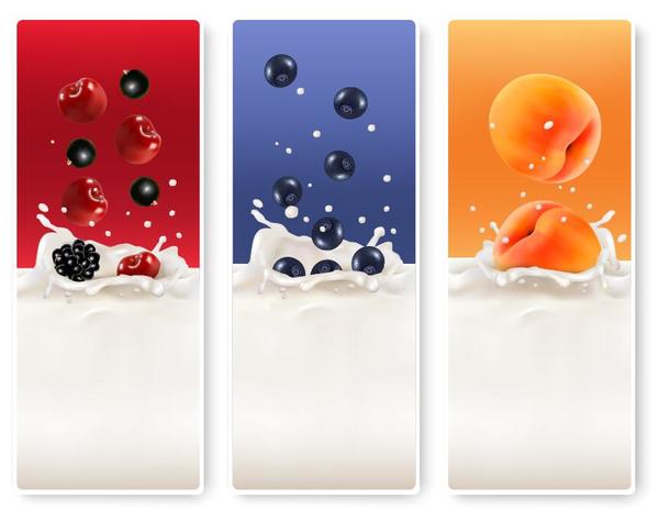 Fruits frais avec le vecteur de conception de bannière de lait 01  
