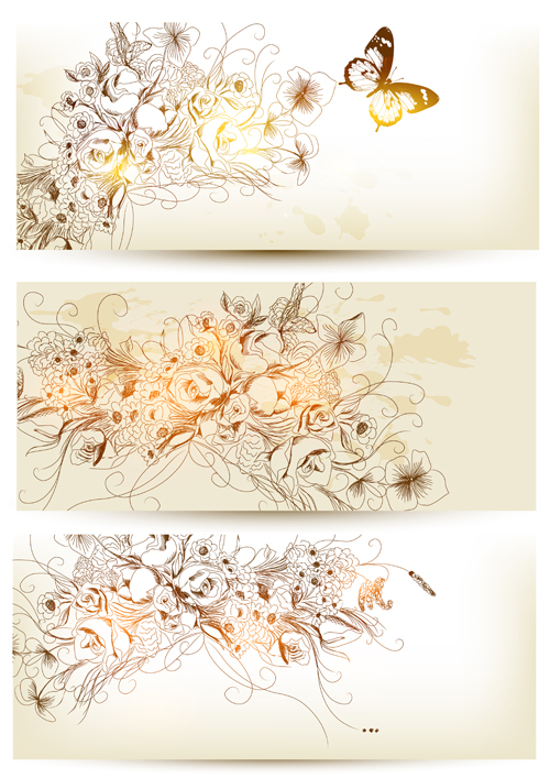 Hand drawn floral with butterflies vector banner  