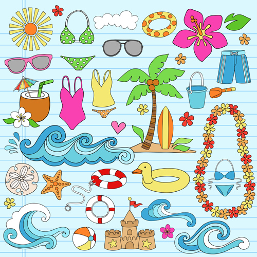 Hand drawn summer sun beach vector material 02  