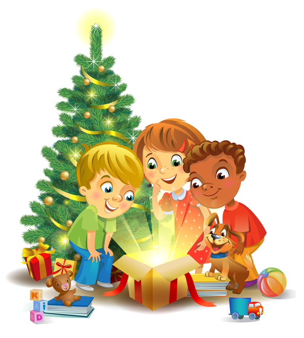 Enfants avec le matériel de vecteur de cadeau de Noël 02  