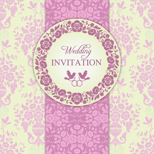 Ornate pink floral wedding invitations vector 03  