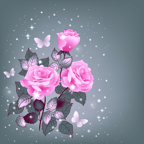 Beautiful pink roses with vintage background vector 02  