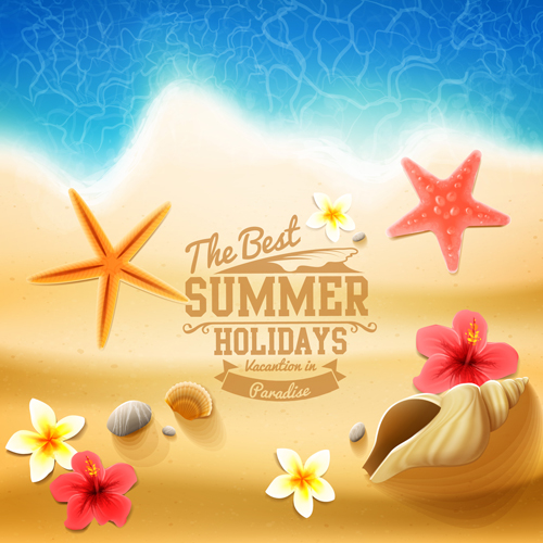 Shell with flower summer beach background vector 03  