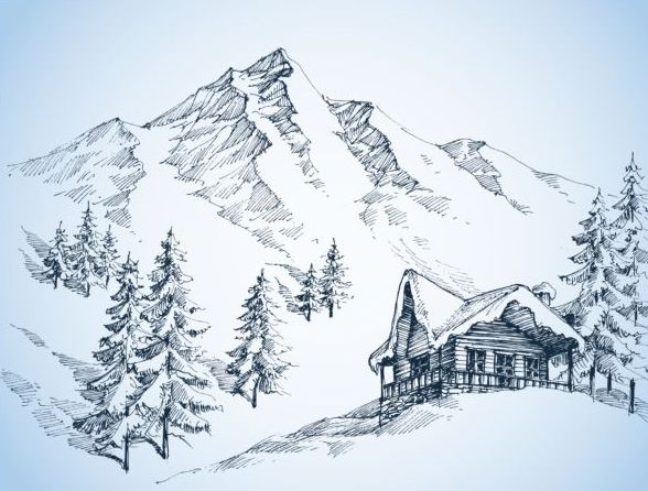 Snow mountains winter Landscape hand drawn vector 02  