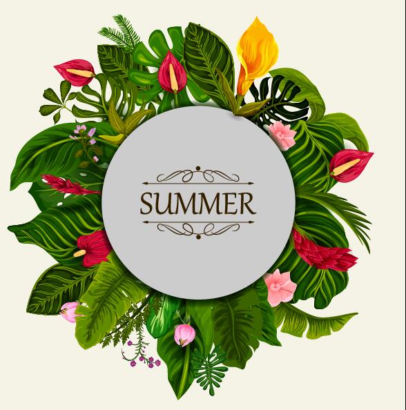 Summer background with tropical plant and flower vector 04  