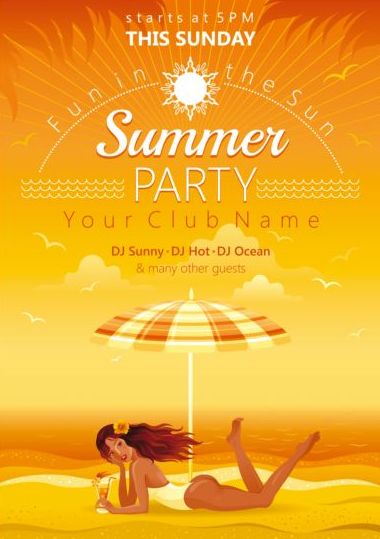 Summer party flyer with beautiful girl vector 03  