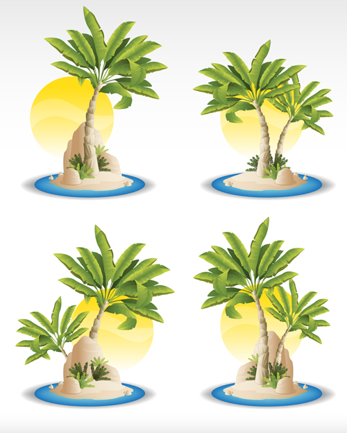 Sun and tropical plants icons vector  