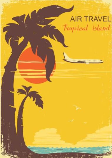 Tropische Insel Flugreise Vintage-Plakatvektor 01  