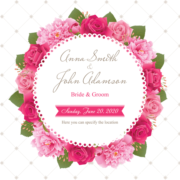 Wedding card with peony and pink roses vectors 01  