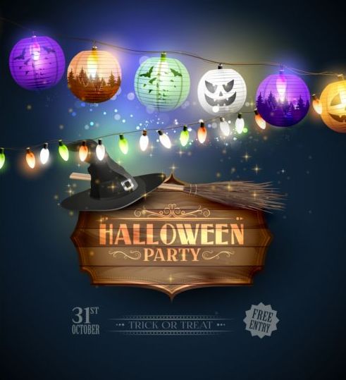 halloween party poster with lanterns vector  