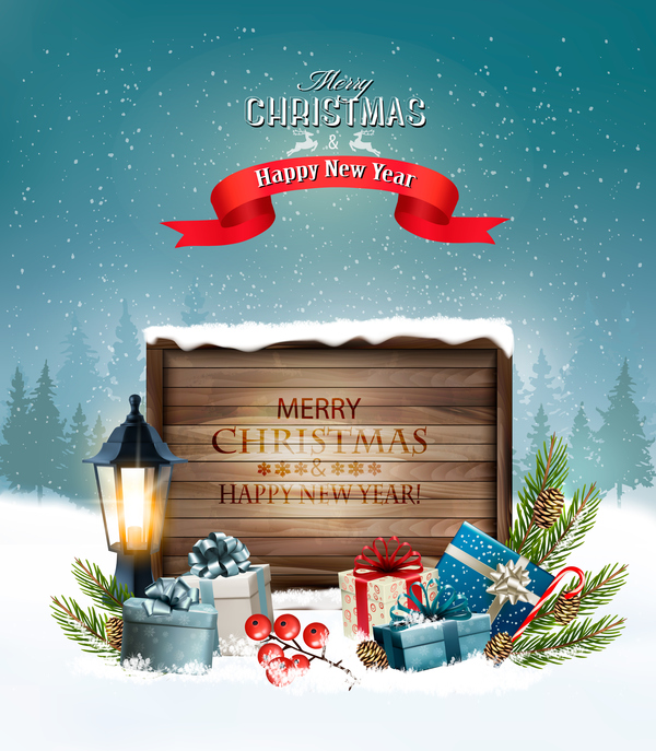 carte de voeux joyeux Noël avec signe en bois et vecteur de lanterne  